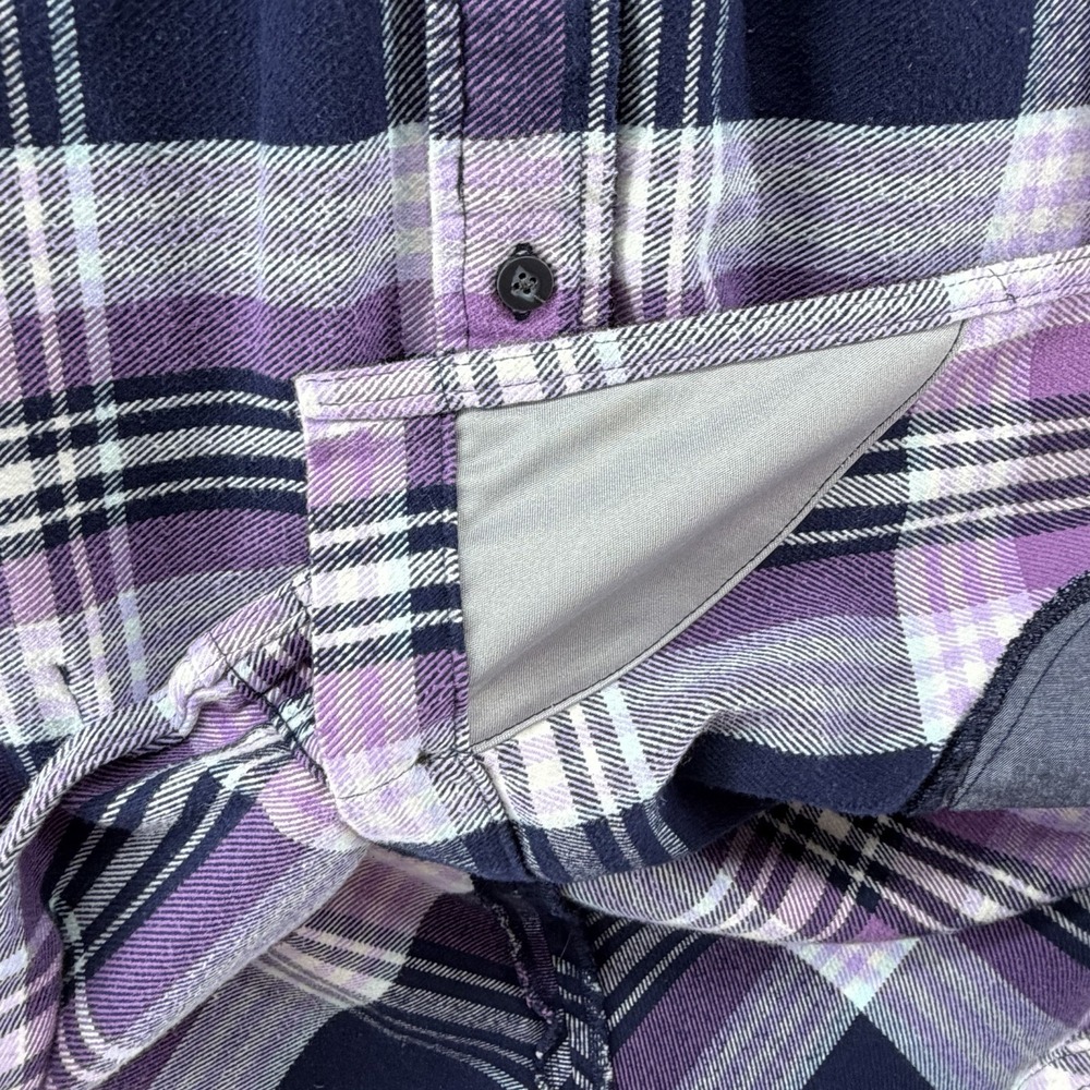 Duluth Trading Flannel Shacket Women Size Large Purple Plaid Long Sleeve Cottage - Picture 4 of 10